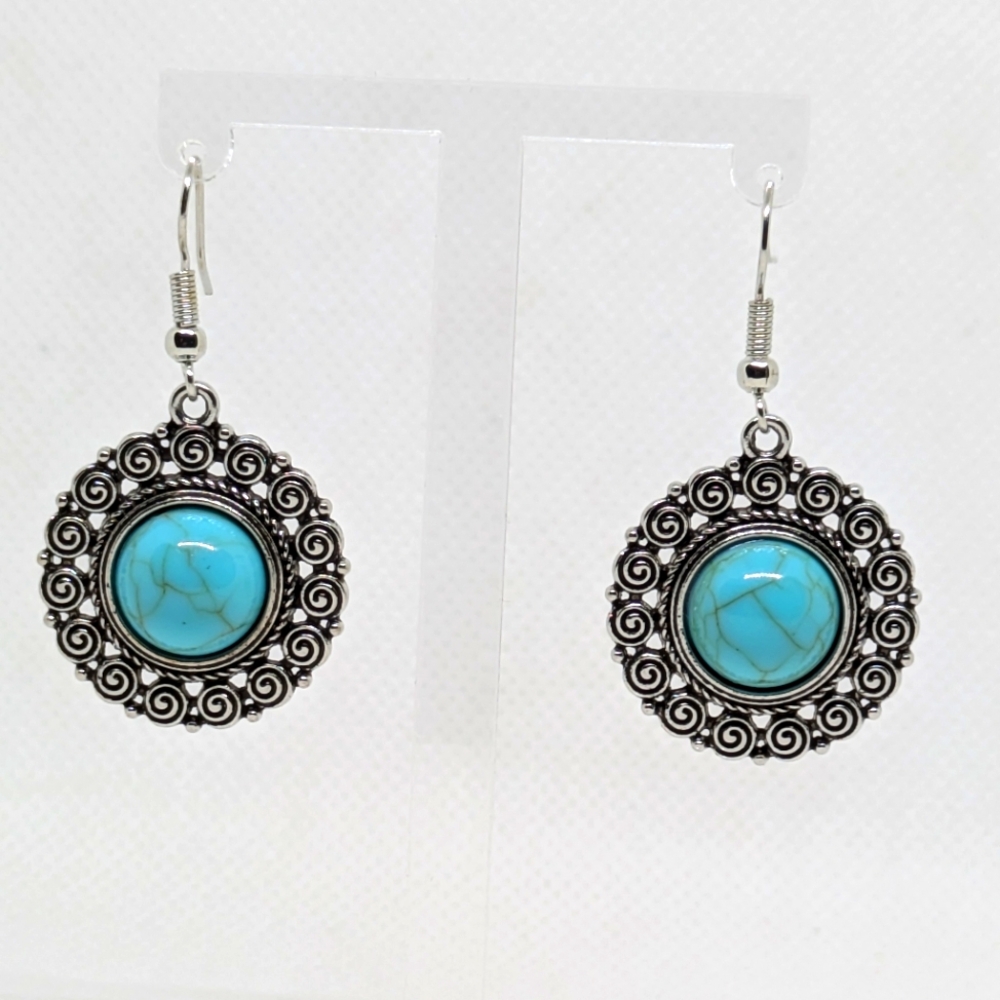 NEW Boho Faux Turquoise Silver Tone Filigree Gypsy Earrings Cottagecore